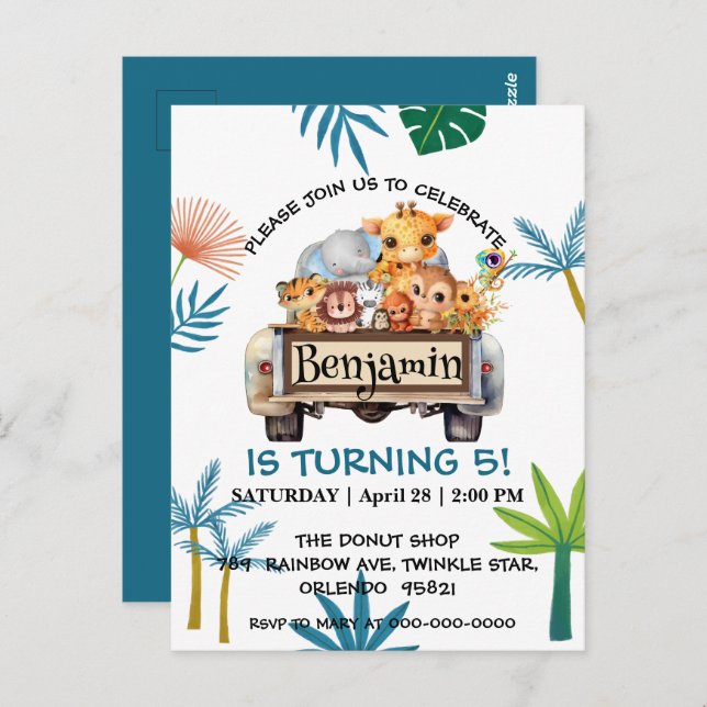 Carte Postale Anniversaire garçon tracteur camion de ferme jungl (Devant / Derrière)
