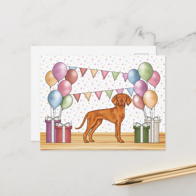 Carte Postale Anniversaire Heureux Magyar Vizsla Chien Mignon Pa (Devant/Arrière en situation)
