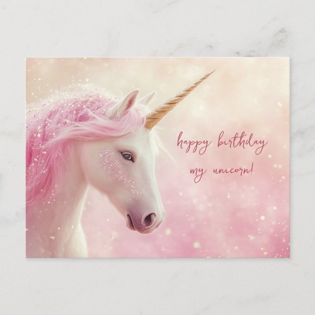 Carte Postale Anniversaire Licorne Rose (Devant)
