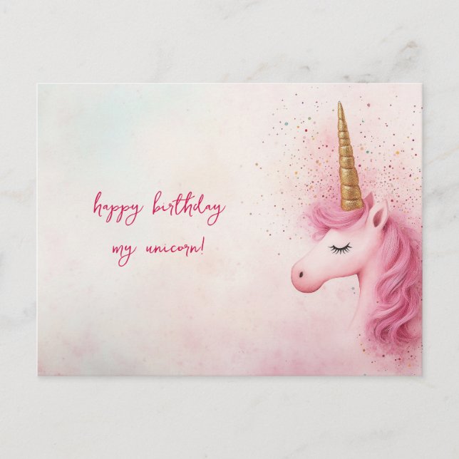 Carte Postale Anniversaire Licorne Rose (Devant)