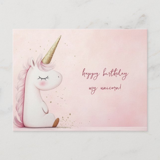 Carte Postale Anniversaire Licorne Rose (Devant)