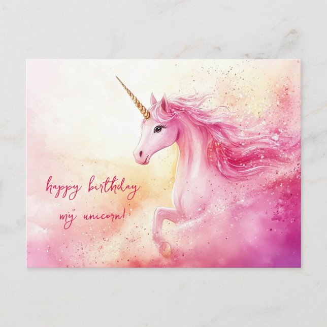 Carte Postale Anniversaire Licorne Rose (Devant)