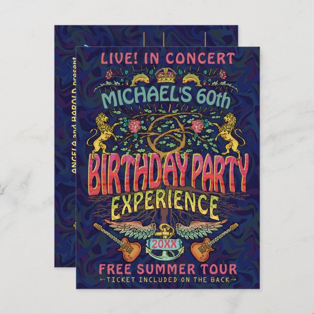 Carte Postale Anniversaire Party Rock Band Concert Ticket Retro  (Devant / Derrière)