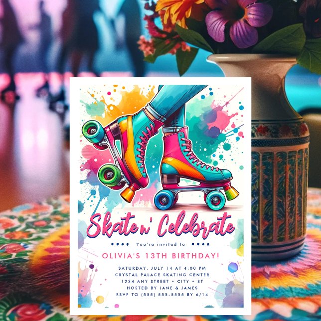 Carte Postale Anniversaire Patins à Roulettes Rétro Colorés (Colorful Retro Roller Skate Birthday Invitation Postcard)