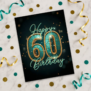 Carte Postale Anniversaire radiant étincelant sarcelle et or 60 