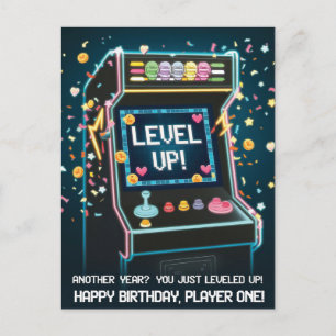 Carte Postale Anniversaire Rétro À Thème Arcade - "Niveau Up" Ga