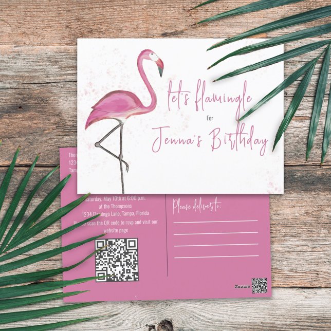 Carte Postale Anniversaire rose mignon Flamant rose tendance QR  (Créateur téléchargé)