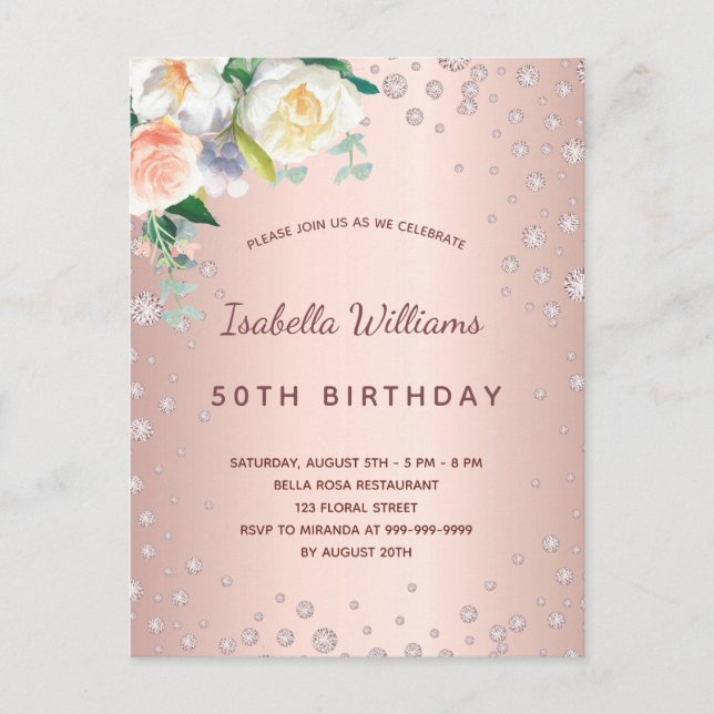 Carte Postale Anniversaire rose or diamants rose floraux (Devant)