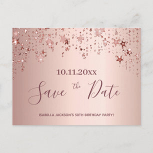 Carte Postale Anniversaire rose or étoiles enregistrer la date