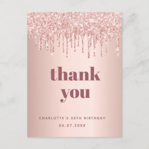 Carte Postale Anniversaire rose or parties scintillant merci