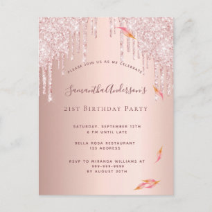 Carte Postale Anniversaire rose or parties scintillant rose invi