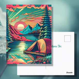 Carte Postale Anniversaire sur le thème du camping rose et sarce