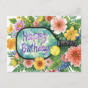 Carte Postale Anniversaire sur le thème Pickleball avec des fleu