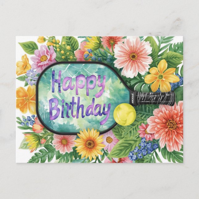 Carte Postale Anniversaire sur le thème Pickleball avec des fleu (Devant)