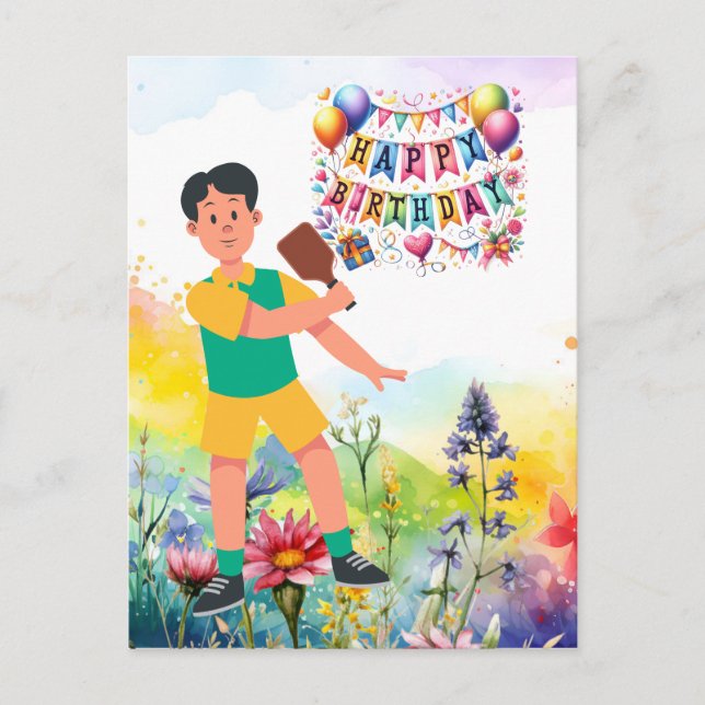 Carte Postale Anniversaire thème pickleball fleurs arc-en-ciel (Devant)