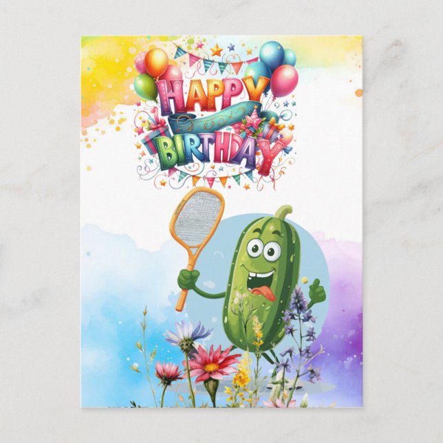 Carte Postale Anniversaire thème pickleball fleurs arc-en-ciel (Devant)