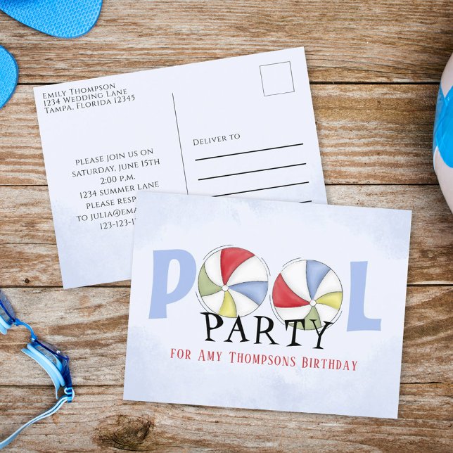 Carte Postale Anniversaire Whimsical Summer Pool Party Beach Bal (Créateur téléchargé)