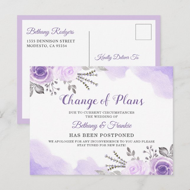 Carte Postale Annonce de Changement de Plans Chic Fleuris Violet (Devant / Derrière)