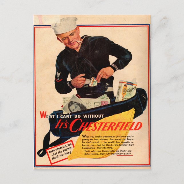 Carte Postale Annonce de cigarettes Chesterfield 1940 avec marin (Devant)