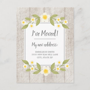 Carte Postale Annonce de déménagement Bois rustique Blanc Fleurs