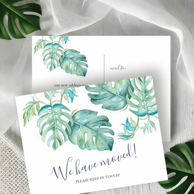 Carte Postale Annonce de déménagement de la végétation botanique (Palm Beach stationery tropical watercolor palm leaf art by Victoria Grigaliunas Do Tell A Belle)