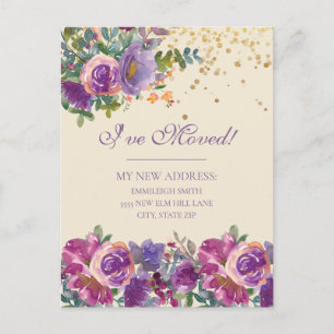 Carte Postale Annonce de déménagement Fleurs Rose Violet Paillet