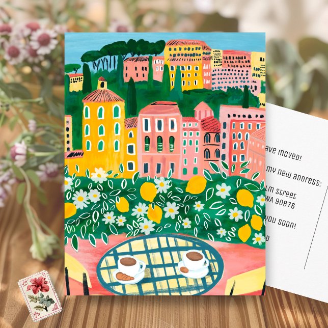 Carte Postale ANNONCE DE DÉMÉNAGEMENT Nouvelle Adresse Apparteme (MOVING ANNOUNCEMENT New Apartment Address Balcony Art Painting Cityscape Flowers Postcard
)