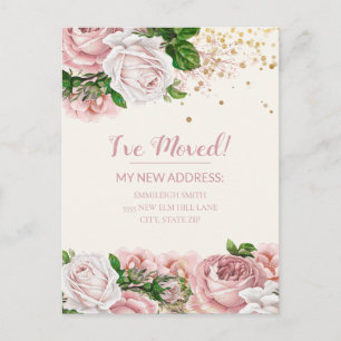 Carte Postale Annonce de déménagement rose paillettes florales v