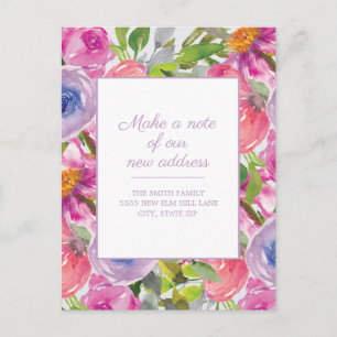 Carte Postale Annonce de déménagement rose violet aquarelle flor