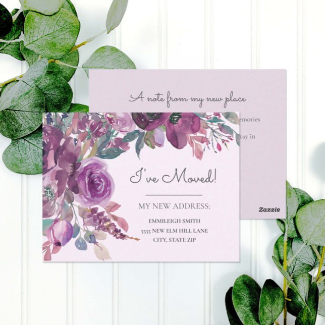 Carte Postale Annonce de déménagement Violet Floral Aquarelle  (Elegant purple watercolor floral moving announcement)