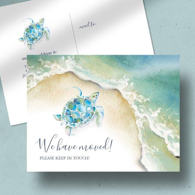 Carte Postale Annonce de Déplacement Côtier de Tortues Marines T (Change of address moving announcement watercolor sea turtle beach seashore art Victoria Grigaliunas)
