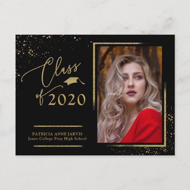 Carte Postale Annonce de diplômé en écriture chic Festive Gold G (Devant)