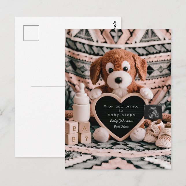 Carte Postale Annonce de grossesse avec une peluche de chiot ado (Devant / Derrière)