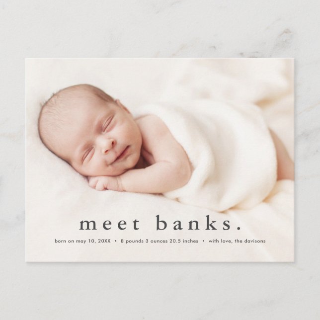 Carte Postale Annonce de naissance avec nom moderne de bébé sur  (Devant)