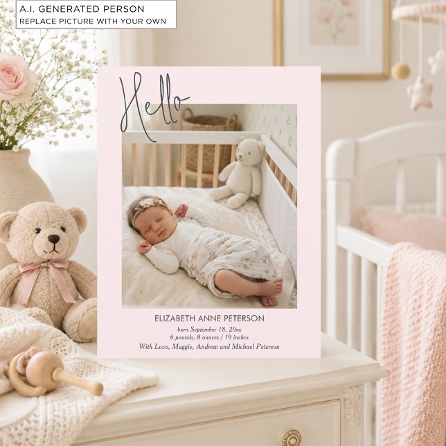 Carte Postale Annonce de naissance de bébé rose tendre Hello Bab (Créateur téléchargé)