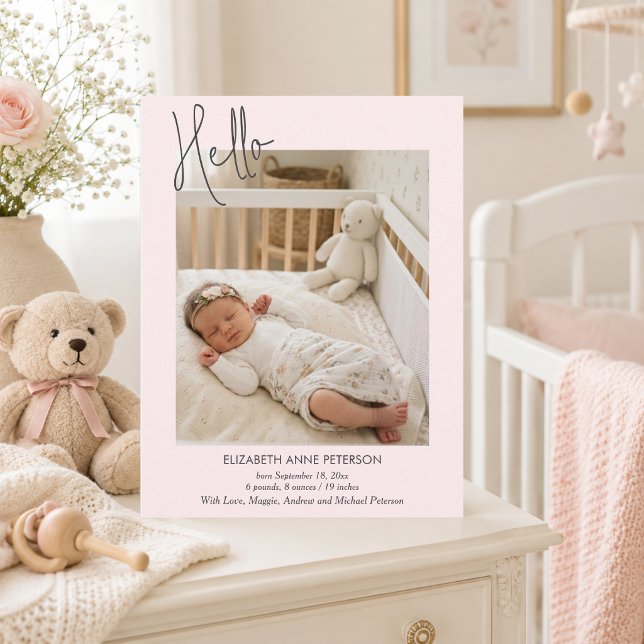 Carte Postale Annonce de naissance de bébé rose tendre Hello Bab (Créateur téléchargé)