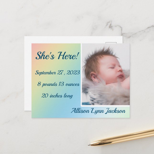 Carte Postale Annonce de naissance simple avec dégradé pastel (Devant/Arrière en situation)