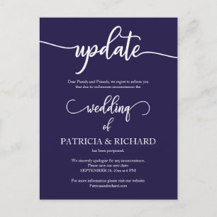 Carte Postale Annonce de report de date de mariage bleu marine