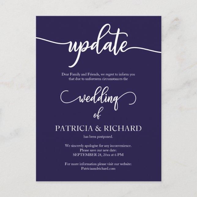 Carte Postale Annonce de report de date de mariage bleu marine (Devant)