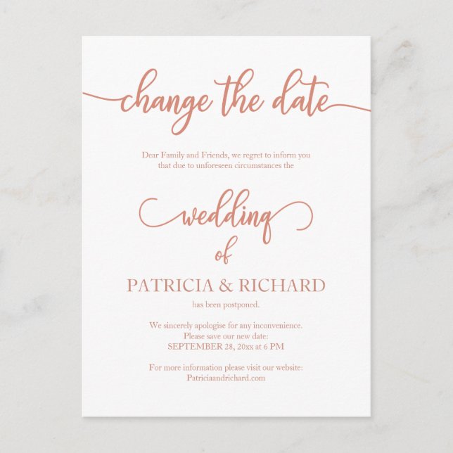 Carte Postale Annonce de report de date de mariage Rose Gold (Devant)