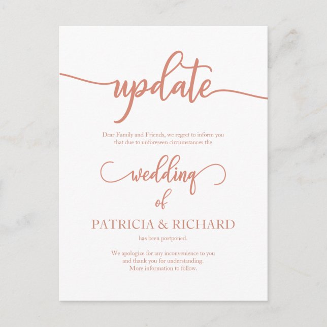 Carte Postale Annonce de report de date de mariage Rose Gold (Devant)