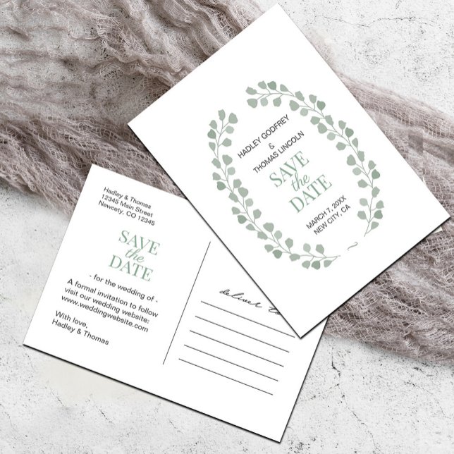 Carte Postale Annonce de sauvegarde simple vert sauge blanc (Simple Sage Green and White Save the Date #savethedate #classysummerwatercolorleaves)