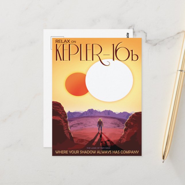 Carte Postale Annonce de voyage Sci-Fi, Planet Kepler-16b (Devant/Arrière en situation)