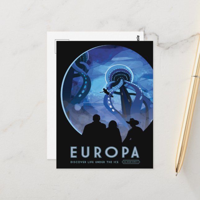 Carte Postale Annonce Voyage Sci-Fi, Moon Europa (Devant/Arrière en situation)