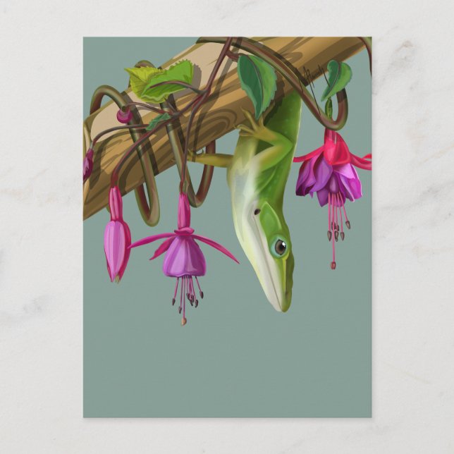 Carte Postale Anolis vert avec fuchsias  (Devant)