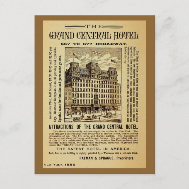 Carte Postale Antique Grand Central Hotel & New York City (Devant)