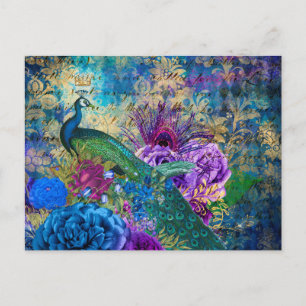 Carte Postale Antique Illustré Paon & Fleurs Grunge