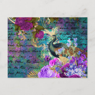 Carte Postale Antique Paon et Fleurs Illustrés Grunge