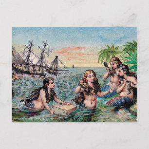 Carte Postale Antique Victoriens Sirènes Trésor Navire Vintage