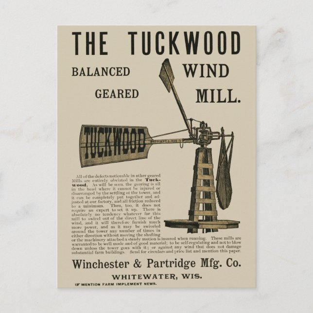 Carte Postale Antique Wind Mill The Tuckwood Whitewater Wis 1889 (Devant)